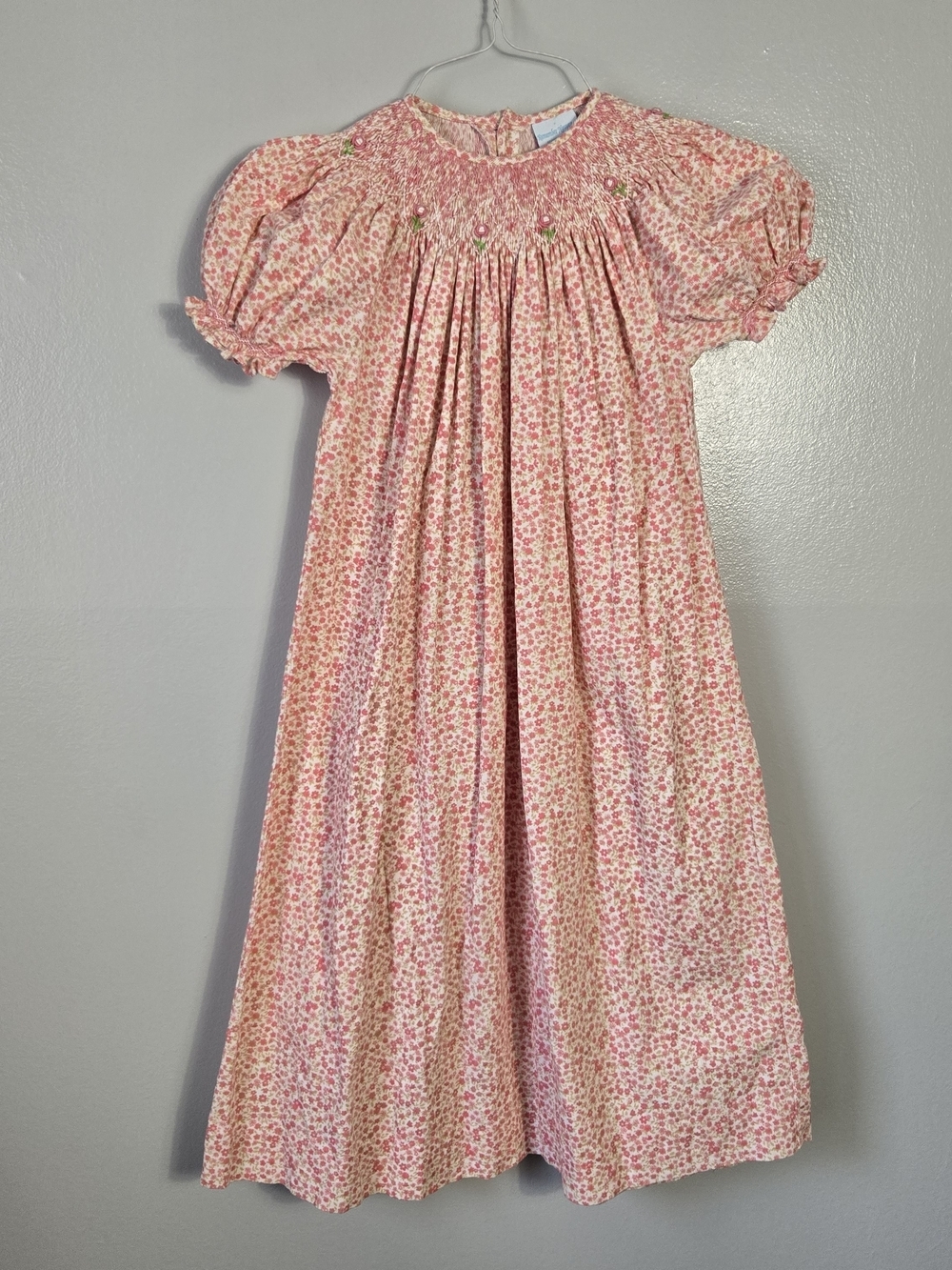 Remember Nguyen Size 8 Pink Floral Hand Smocked Bishop Puff Sleeve Cotton Dress